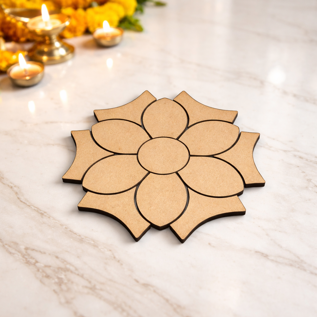 Wooden lotus flower design on a marble surface with candles and flowers in the background