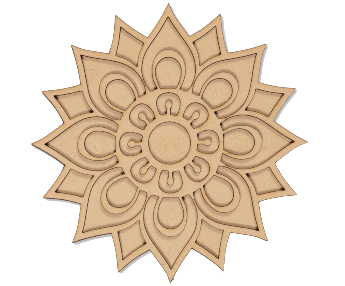 MDF sunflower floral rangoli base cutout in engraved and jali styles for DIY festive floor decoration and pooja decor