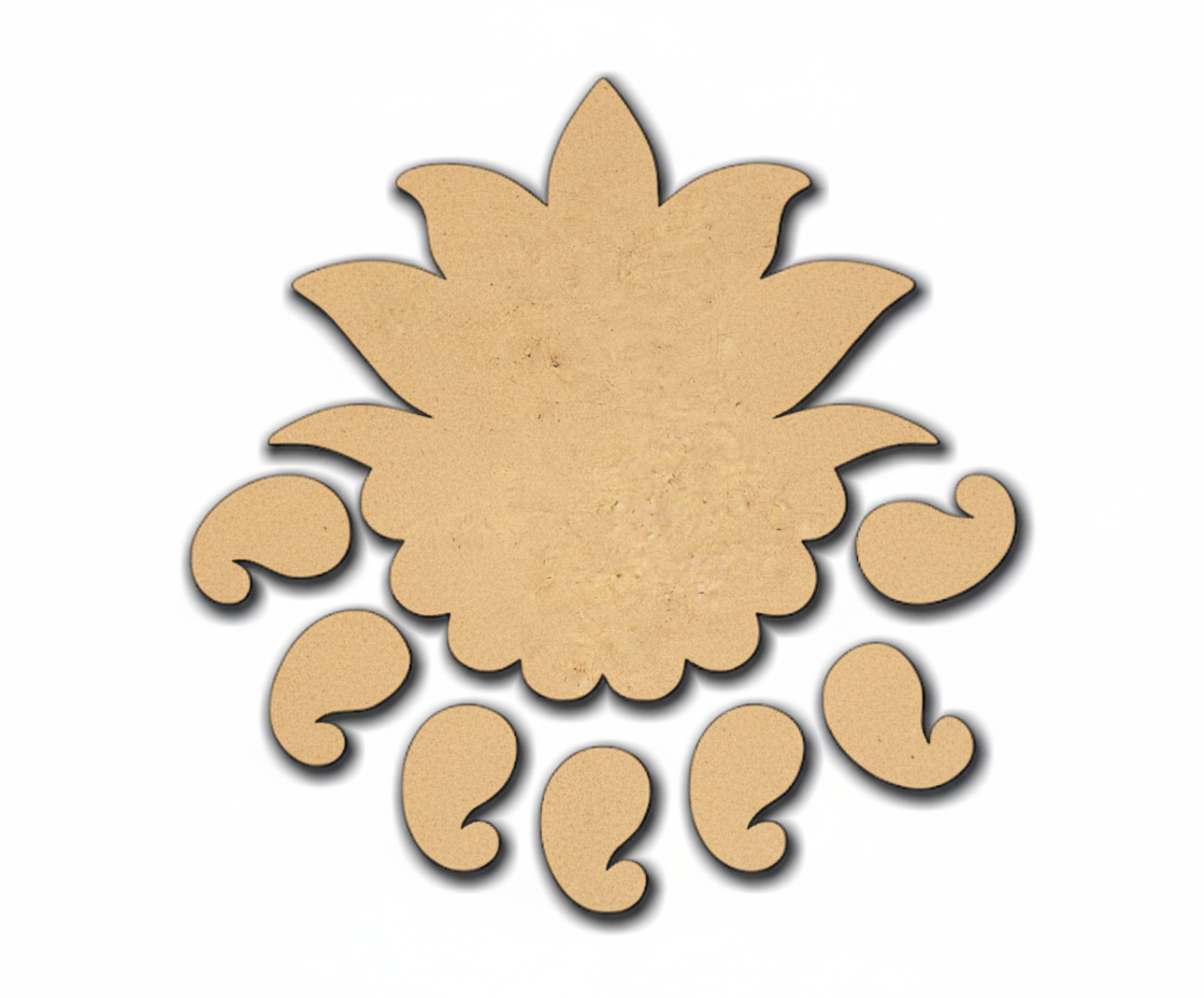 MDF lotus rangoli cutouts set with paisley drop elements for DIY festive floor decoration and pooja décor