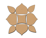 DIY MDF floral rangoli cutouts with center circle, curved petal pieces and small leaf motifs arranged in a round pattern for Diwali and pooja floor decor.