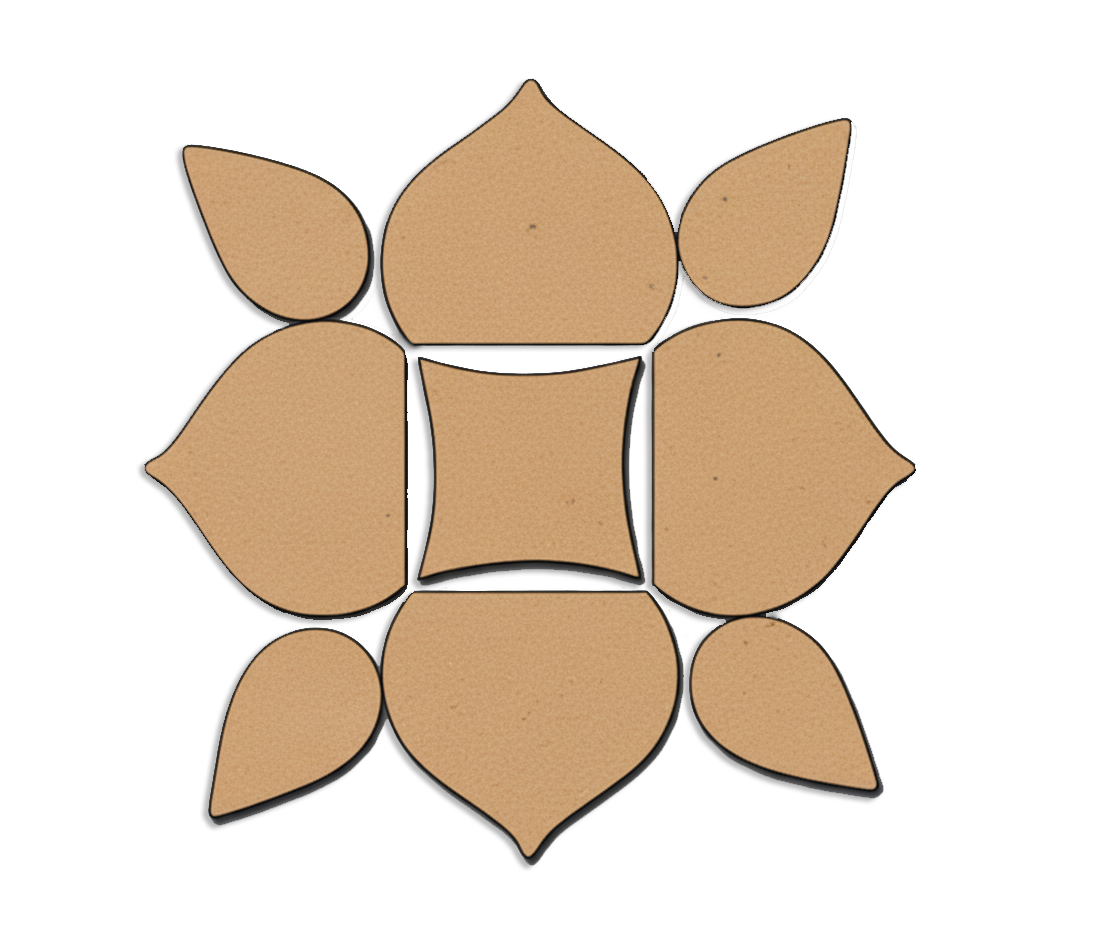 DIY MDF floral rangoli cutouts with center circle, curved petal pieces and small leaf motifs arranged in a round pattern for Diwali and pooja floor decor.