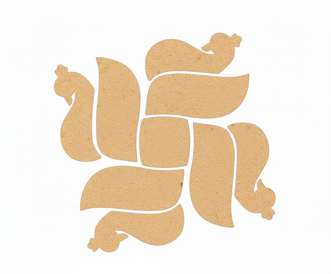 DIY MDF swastik rangoli cutouts arranged in a traditional swastik pattern, paintable reusable Diwali and pooja floor decoration.