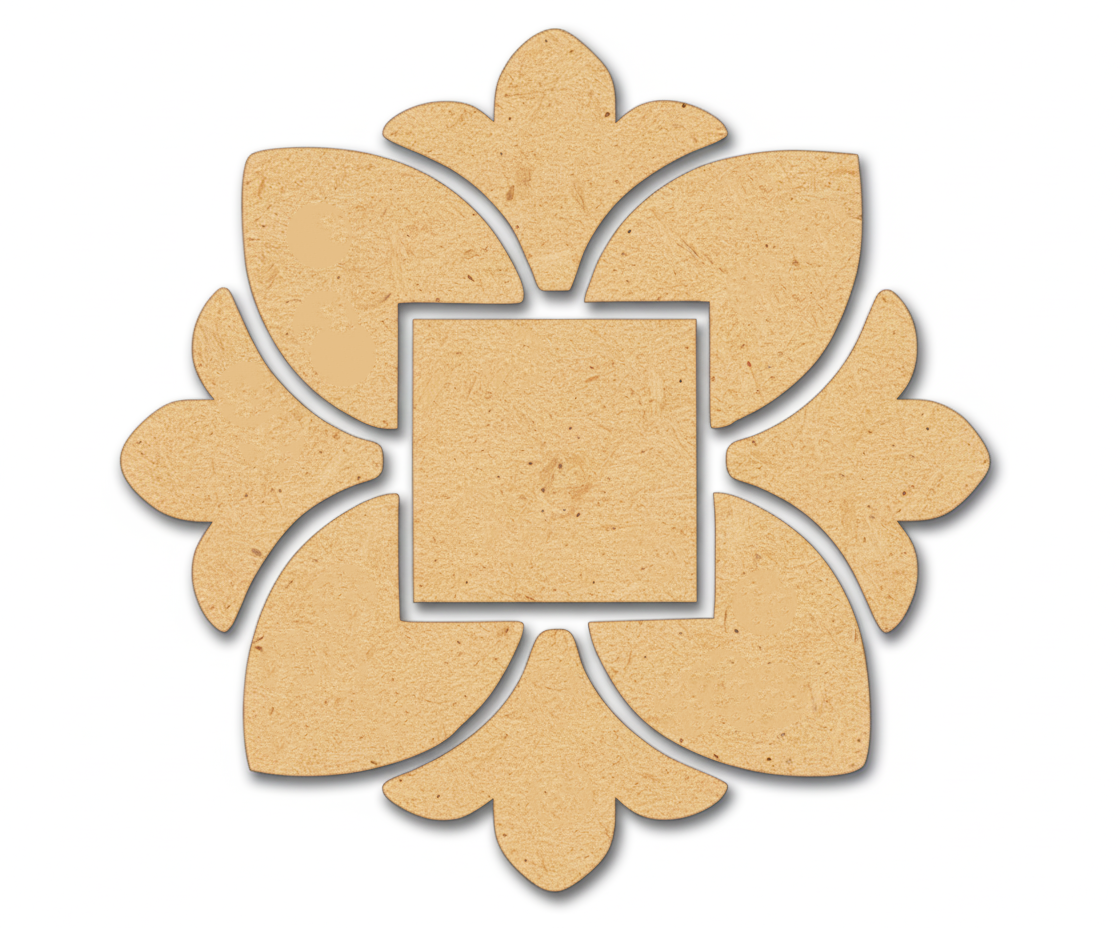 Unpainted MDF square floral rangoli cutout base with central square and surrounding petal shapes