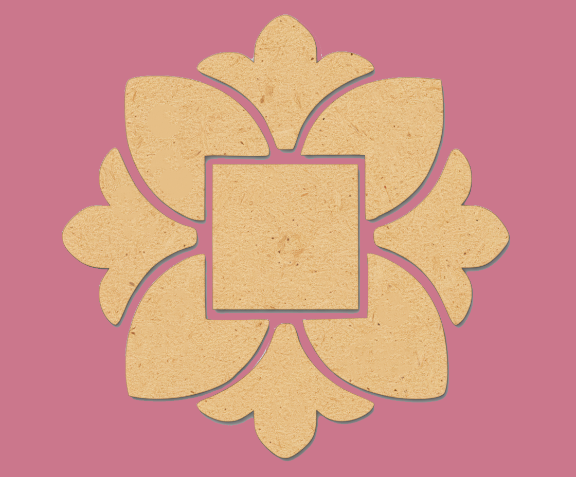 Unpainted MDF square floral rangoli cutout base with central square and surrounding petal shapes with pink background 