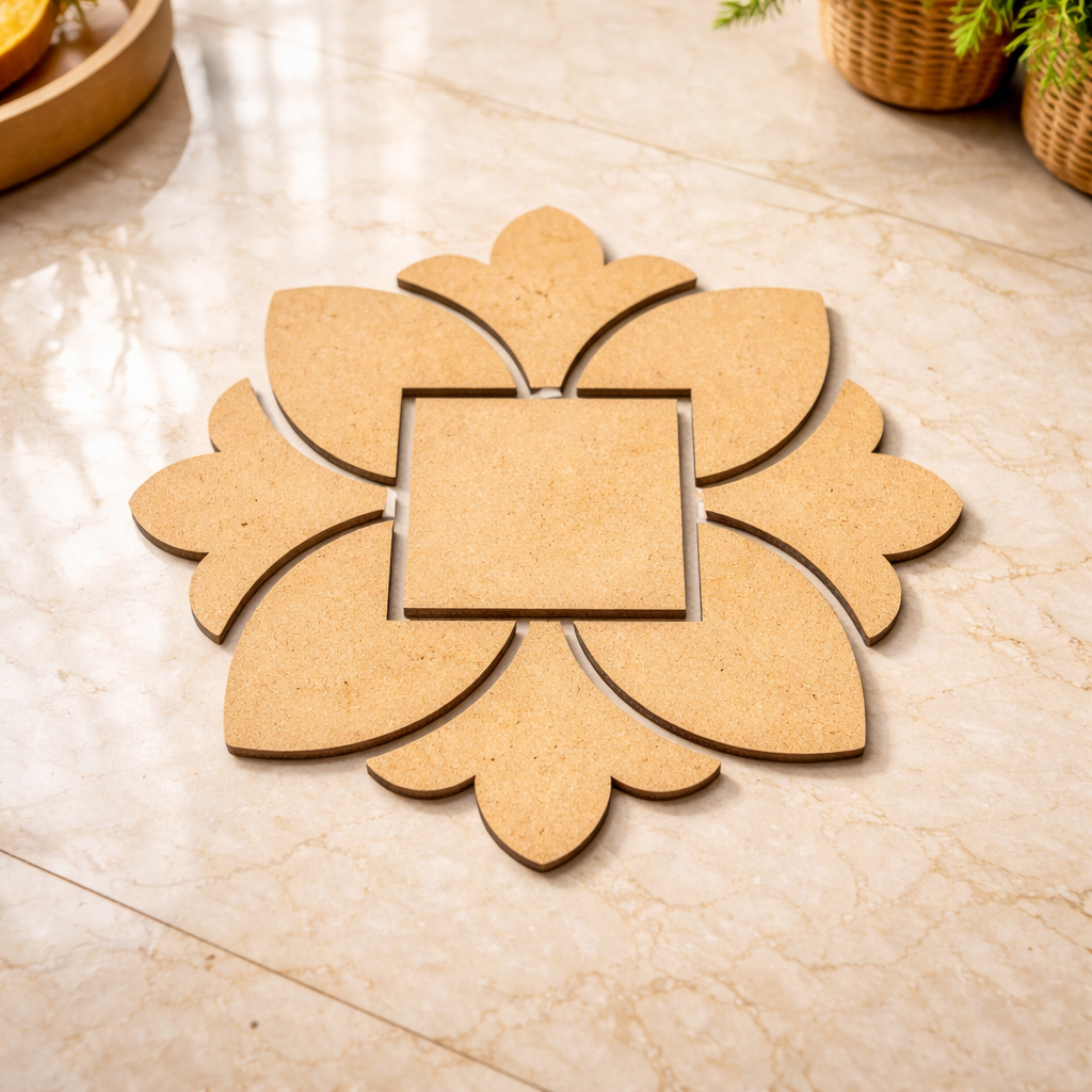 Unpainted MDF square floral rangoli cutout base with central square and surrounding petal shapes, placed on a marble floor 