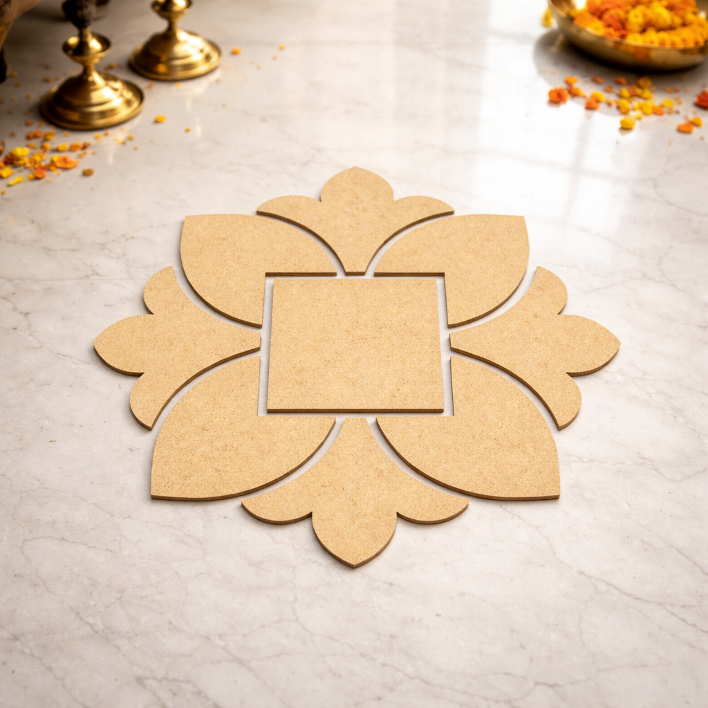 Unpainted MDF square floral rangoli cutout base with central square and surrounding petal shapes, placed on a marble floor 