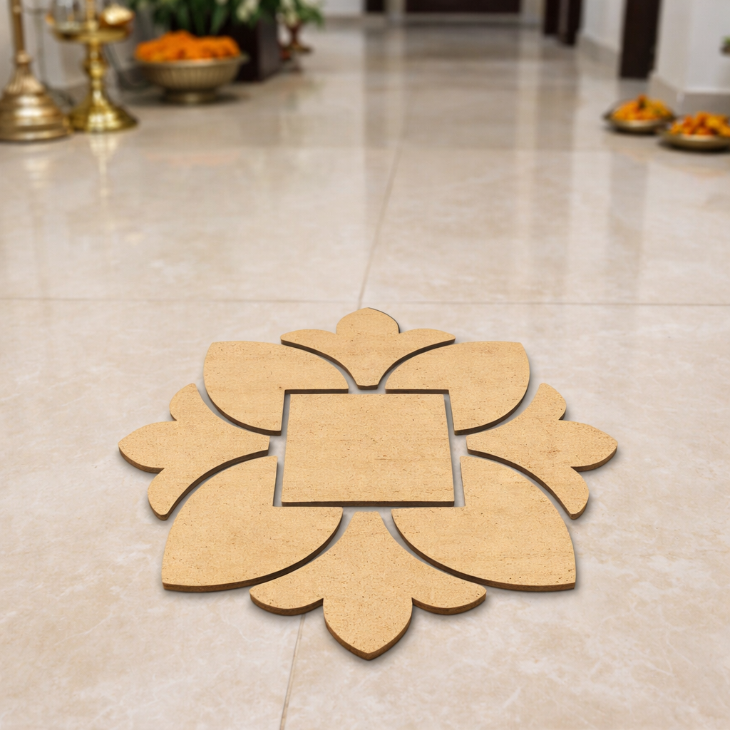 Unpainted MDF square floral rangoli cutout base with central square and surrounding petal shapes, placed on a marble floor 