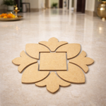 Unpainted MDF square floral rangoli cutout base with central square and surrounding petal shapes, placed on a marble floor 