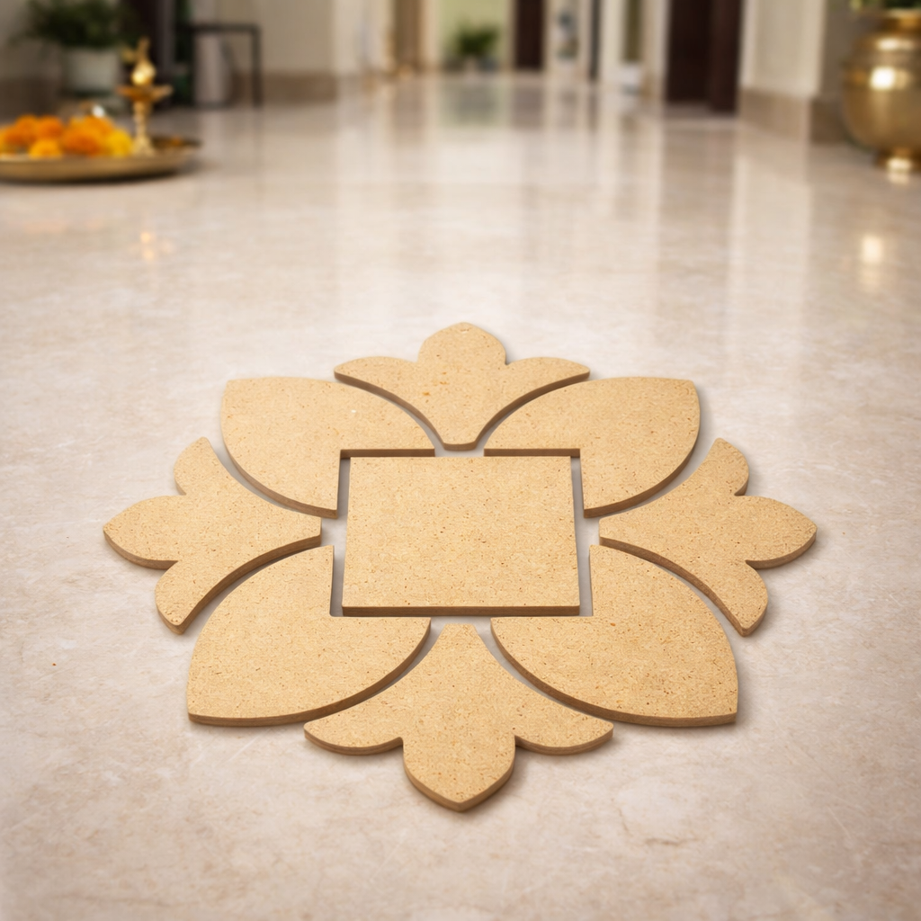 Unpainted MDF square floral rangoli cutout base with central square and surrounding petal shapes, placed on a marble floor 