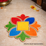 Painted MDF square floral rangoli cutout base with central square and surrounding petal shapes, placed on a marble floor 