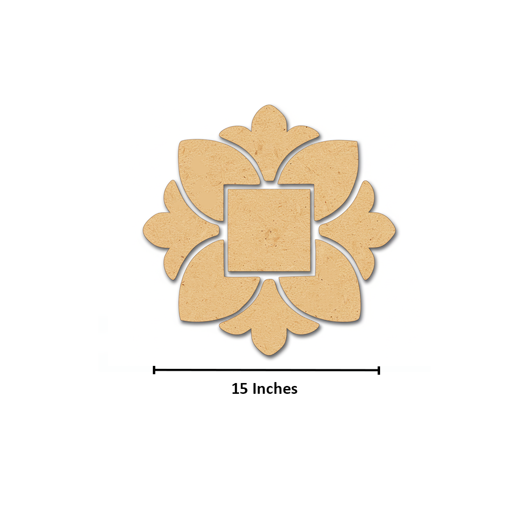 Unpainted MDF square floral rangoli cutout base with central square and surrounding petal shapes with size