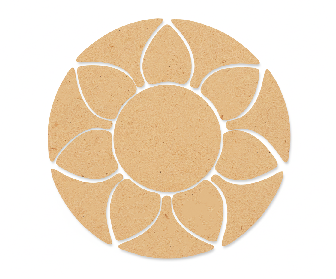 Unpainted MDF round rangoli base with layered petal shapes arranged around a central circle