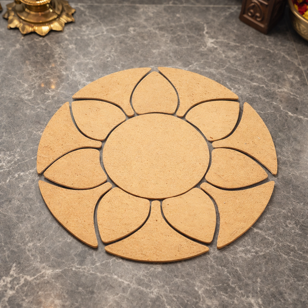 Unpainted MDF round rangoli base with layered petal shapes arranged around a central circle placed on a marble floor