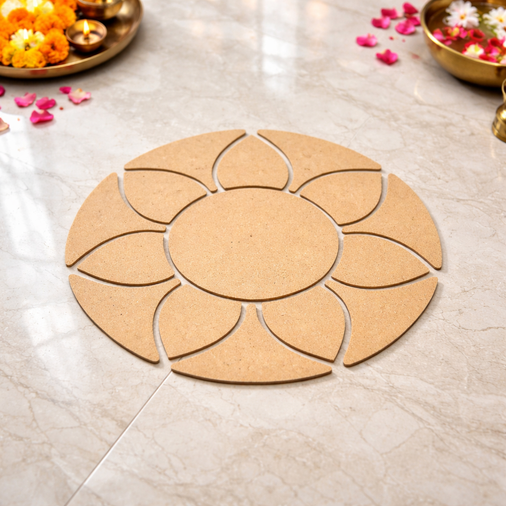 Unpainted MDF round rangoli base with layered petal shapes arranged around a central circle placed on a marble floor
