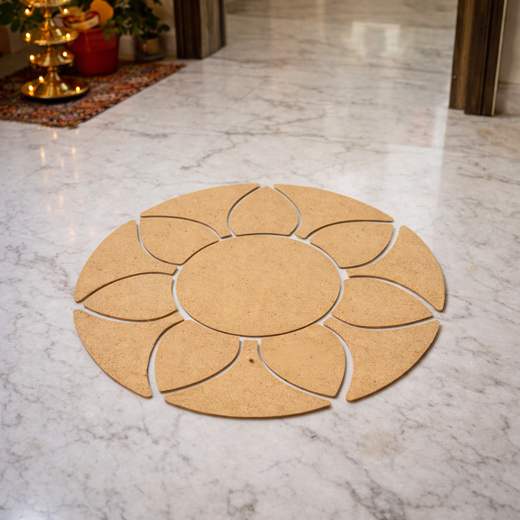 Unpainted MDF round rangoli base with layered petal shapes arranged around a central circle placed on a marble floor