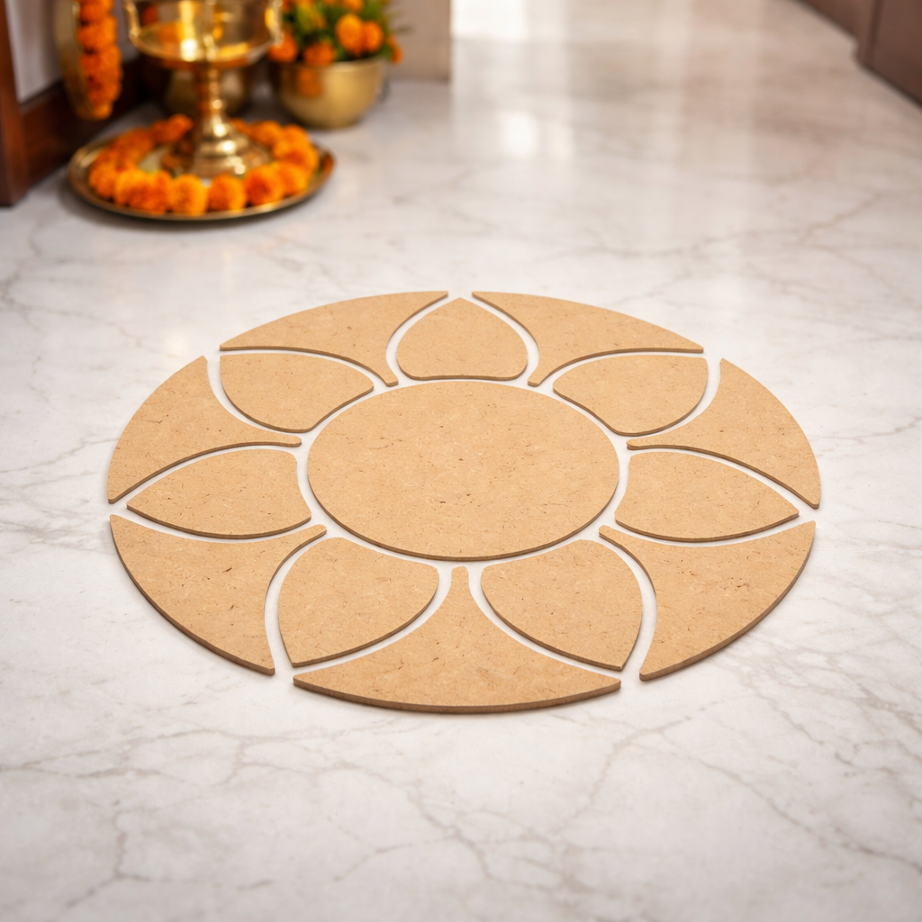 Unpainted MDF round rangoli base with layered petal shapes arranged around a central circle placed on a marble floor