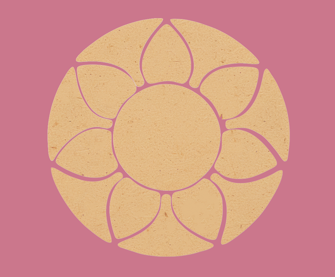 Unpainted MDF round rangoli base with layered petal shapes arranged around a central circle on pink background 