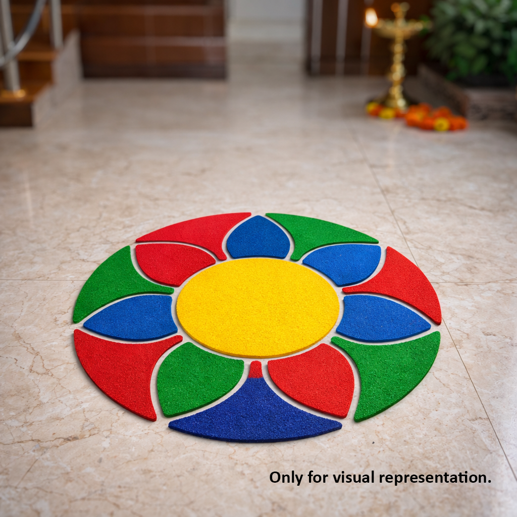 Painted MDF round rangoli base with layered petal shapes arranged around a central circle placed on a marble floor