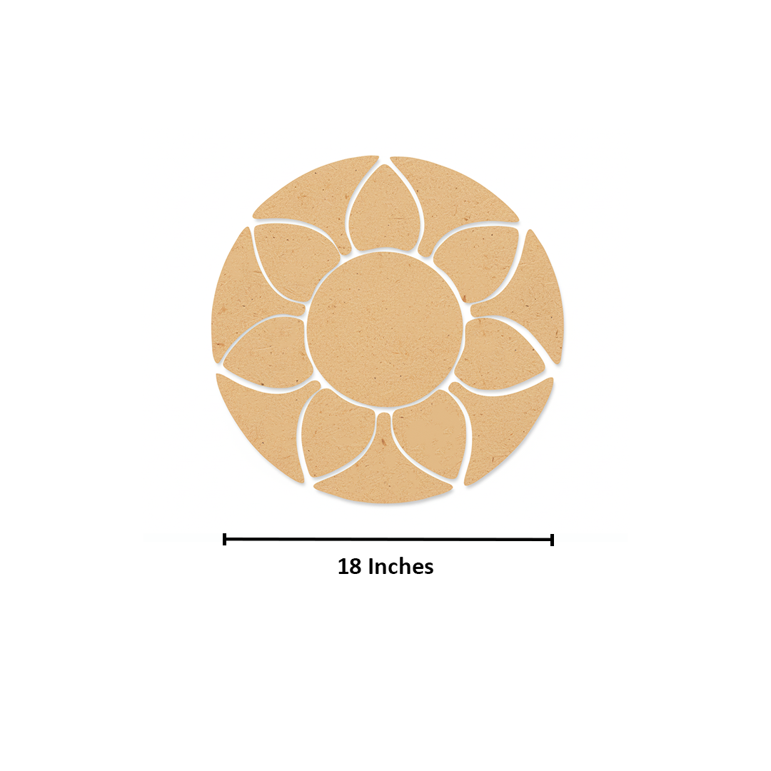 Unpainted MDF round rangoli base with layered petal shapes arranged around a central circle with size