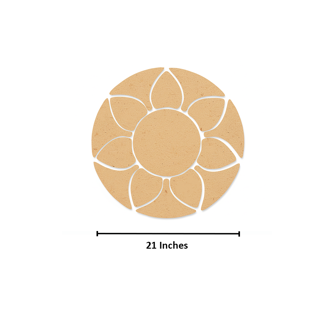 Unpainted MDF round rangoli base with layered petal shapes arranged around a central circle with size