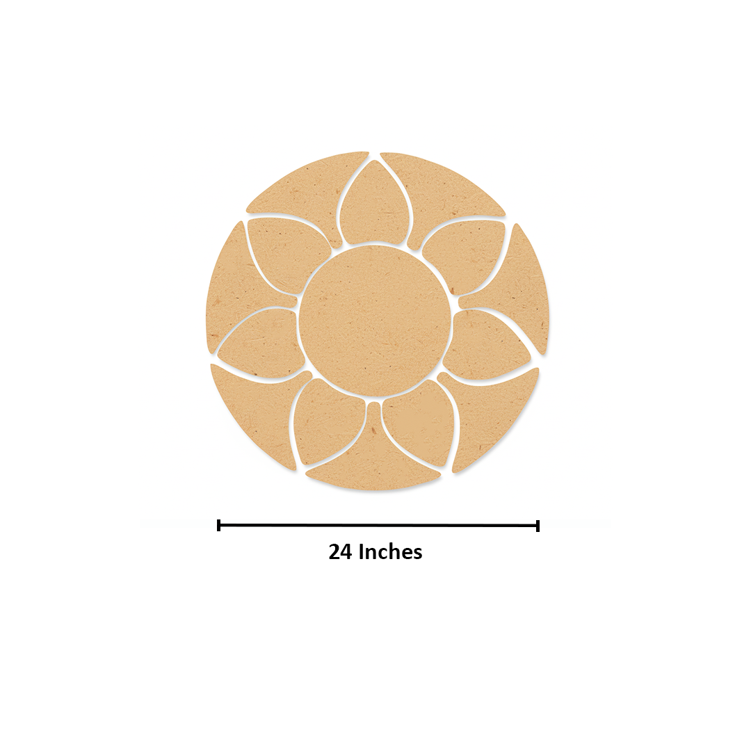 Unpainted MDF round rangoli base with layered petal shapes arranged around a central circle with size