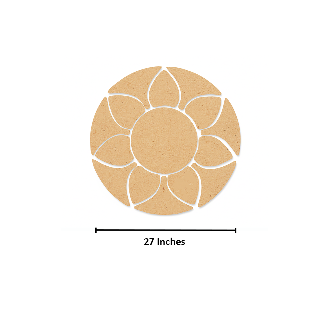 Unpainted MDF round rangoli base with layered petal shapes arranged around a central circle with size