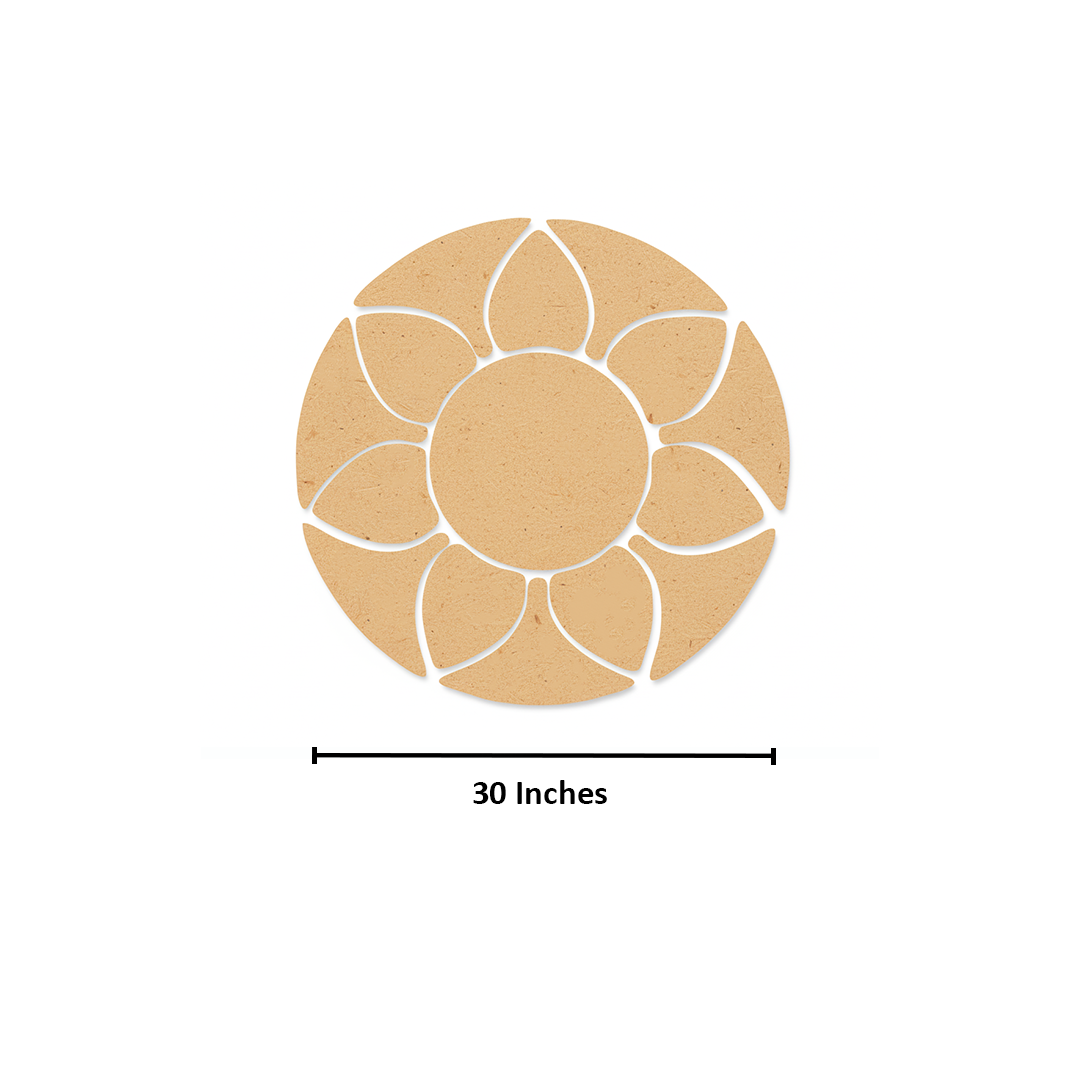 Unpainted MDF round rangoli base with layered petal shapes arranged around a central circle with size