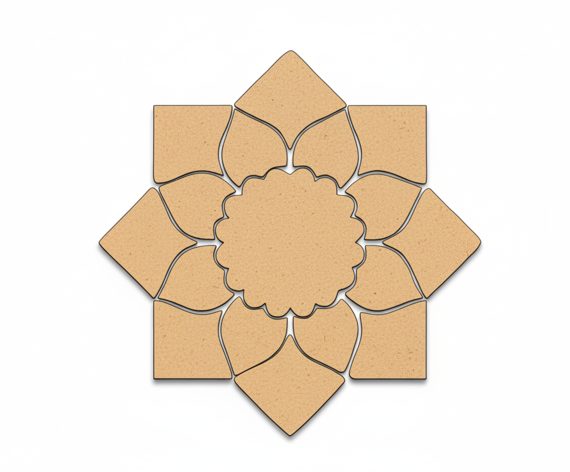 Unpainted MDF lotus petal rangoli cutout base with scalloped round centre and surrounding layered petal shapes