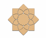Unpainted MDF lotus petal rangoli cutout base with scalloped round centre and surrounding layered petal shapes