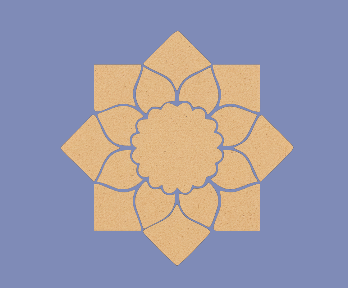 Unpainted MDF lotus petal rangoli cutout base with scalloped round centre and surrounding layered petal shapes with blue background 