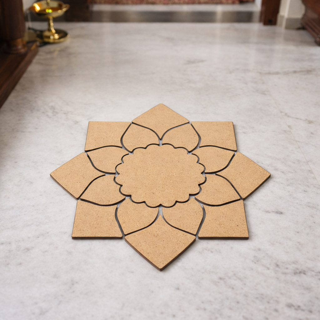 Unpainted MDF lotus petal rangoli cutout base with scalloped round centre and surrounding layered petal shapes placed on a marble floor