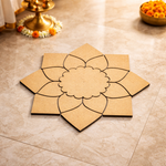 Unpainted MDF lotus petal rangoli cutout base with scalloped round centre and surrounding layered petal shapes placed on a marble floor