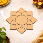 Unpainted MDF lotus petal rangoli cutout base with scalloped round centre and surrounding layered petal shapes placed on a marble floor