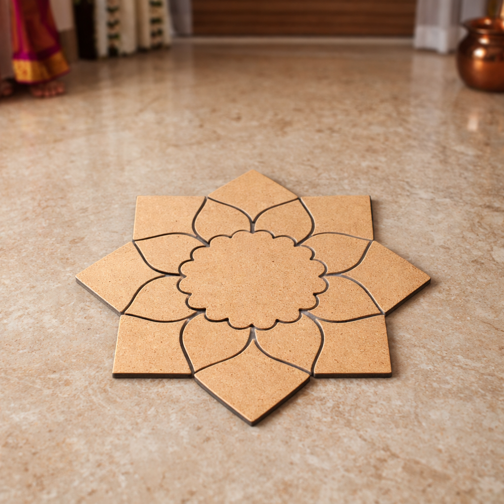 Unpainted MDF lotus petal rangoli cutout base with scalloped round centre and surrounding layered petal shapes placed on a marble floor