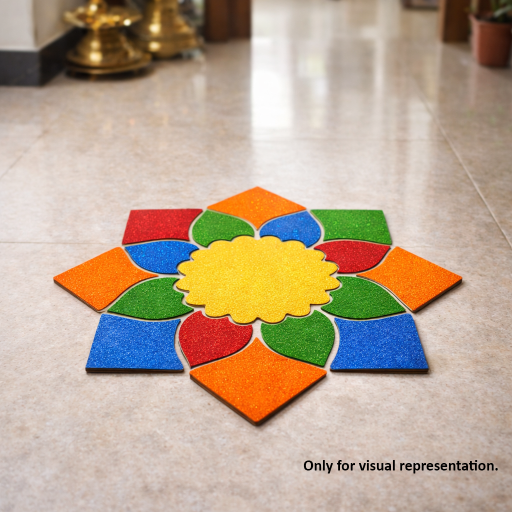Painted MDF lotus petal rangoli cutout base with scalloped round centre and surrounding layered petal shapes placed on a marble floor
