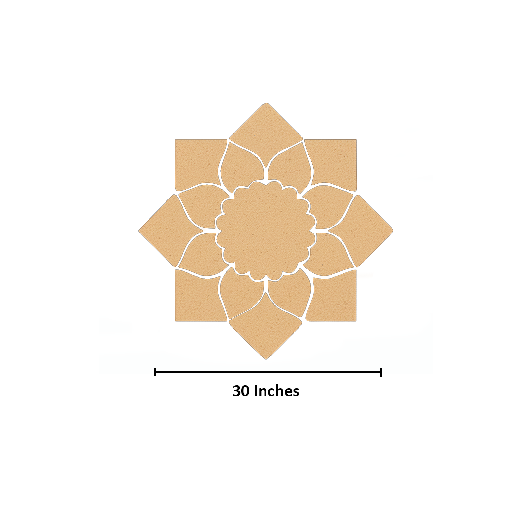 Unpainted MDF lotus petal rangoli cutout base with scalloped round centre and surrounding layered petal shapes with size