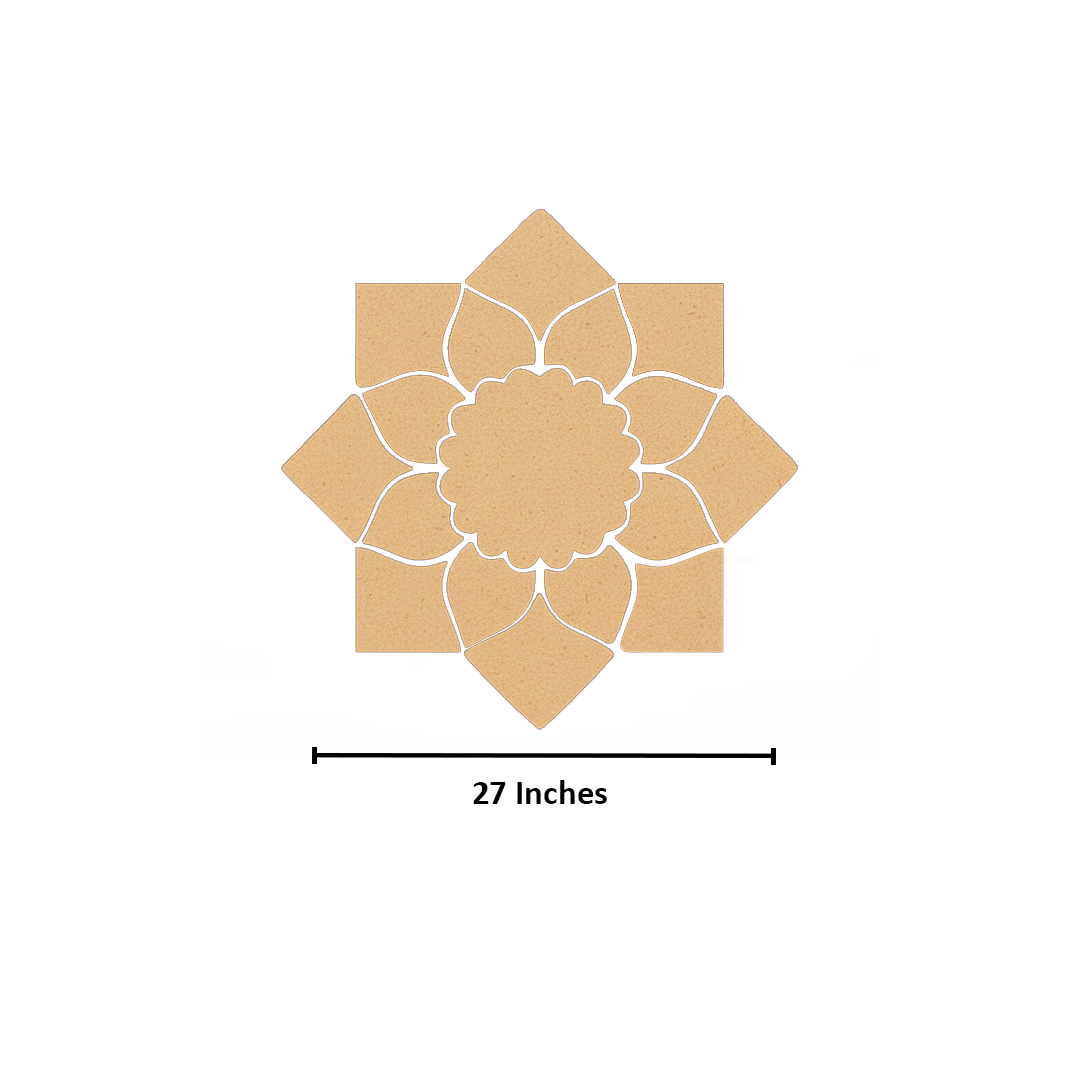 Unpainted MDF lotus petal rangoli cutout base with scalloped round centre and surrounding layered petal shapes with size