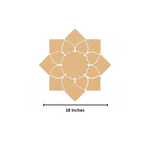 Unpainted MDF lotus petal rangoli cutout base with scalloped round centre and surrounding layered petal shapes with size