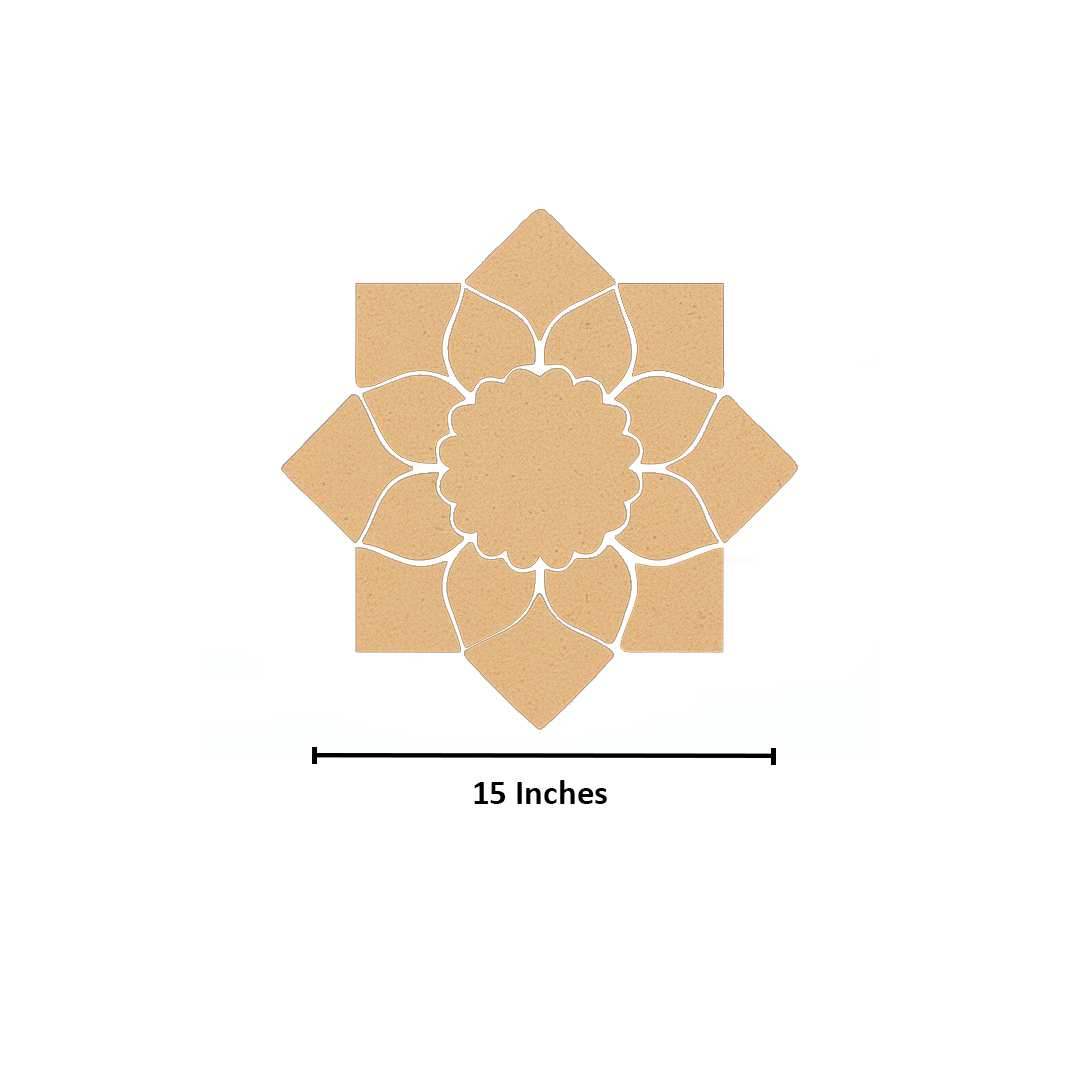 Unpainted MDF lotus petal rangoli cutout base with scalloped round centre and surrounding layered petal shapes with size
