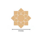 Unpainted MDF lotus petal rangoli cutout base with scalloped round centre and surrounding layered petal shapes with size