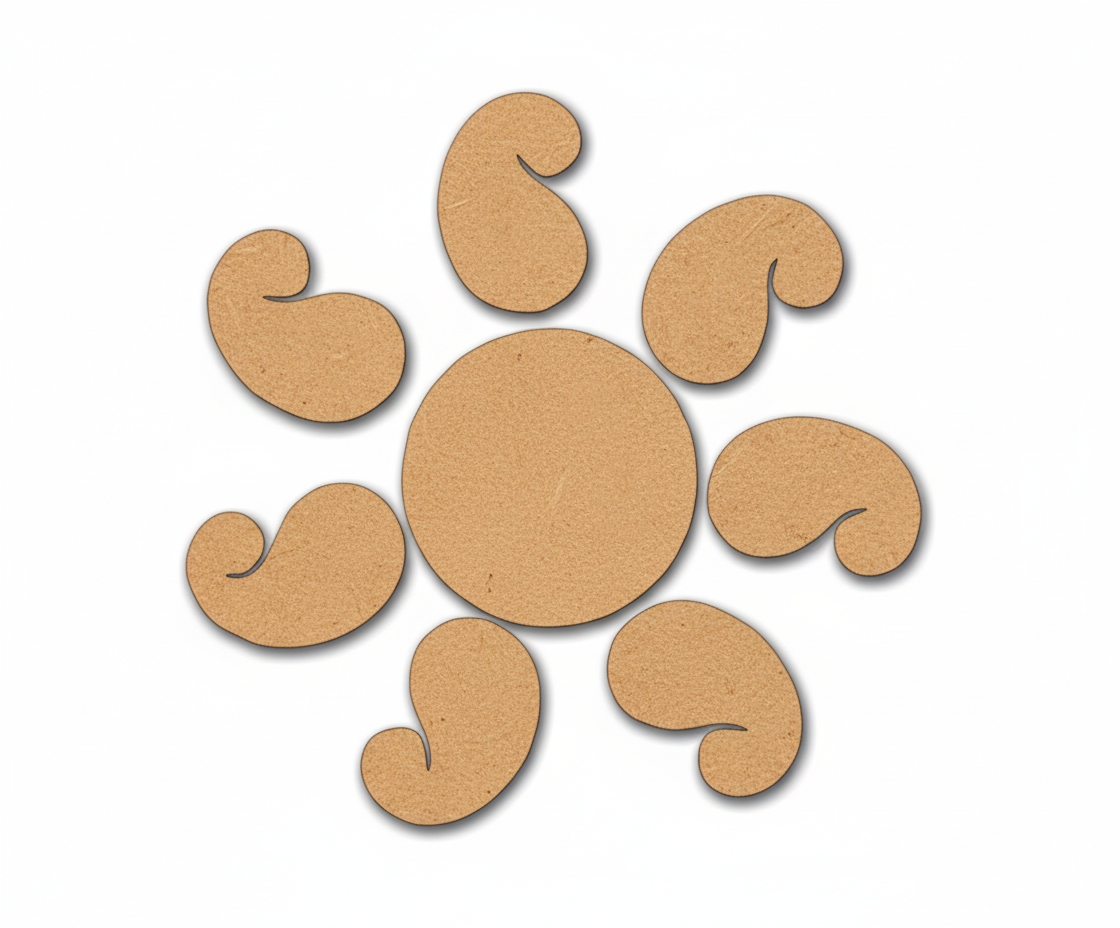 Unpainted MDF paisley rangoli cutout set with central round base and surrounding curved paisley shapes