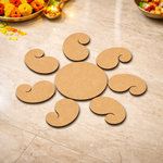 Unpainted MDF paisley rangoli cutout set with central round base and surrounding curved paisley shapes placed on marble floor
