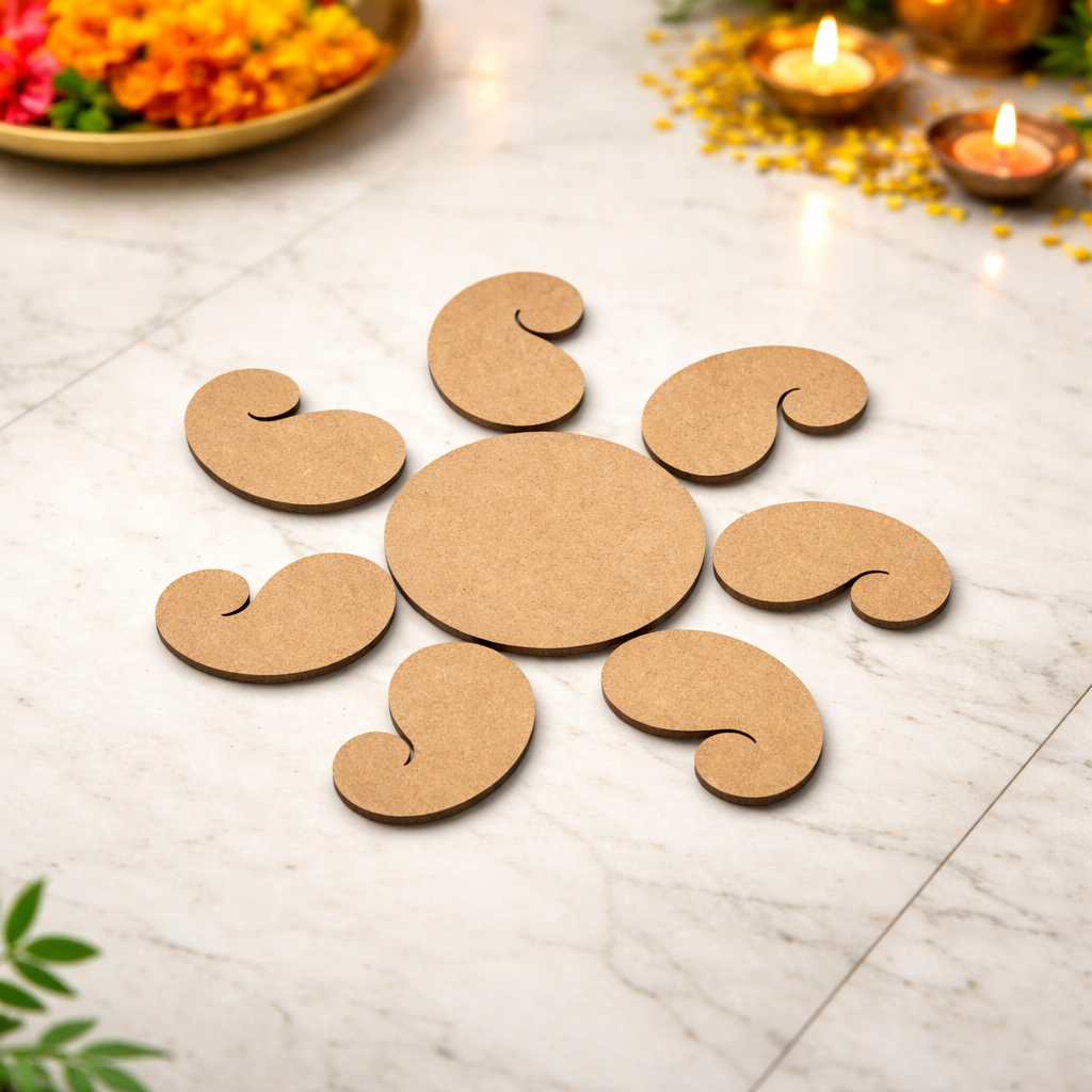 Unpainted MDF paisley rangoli cutout set with central round base and surrounding curved paisley shapes placed on marble floor