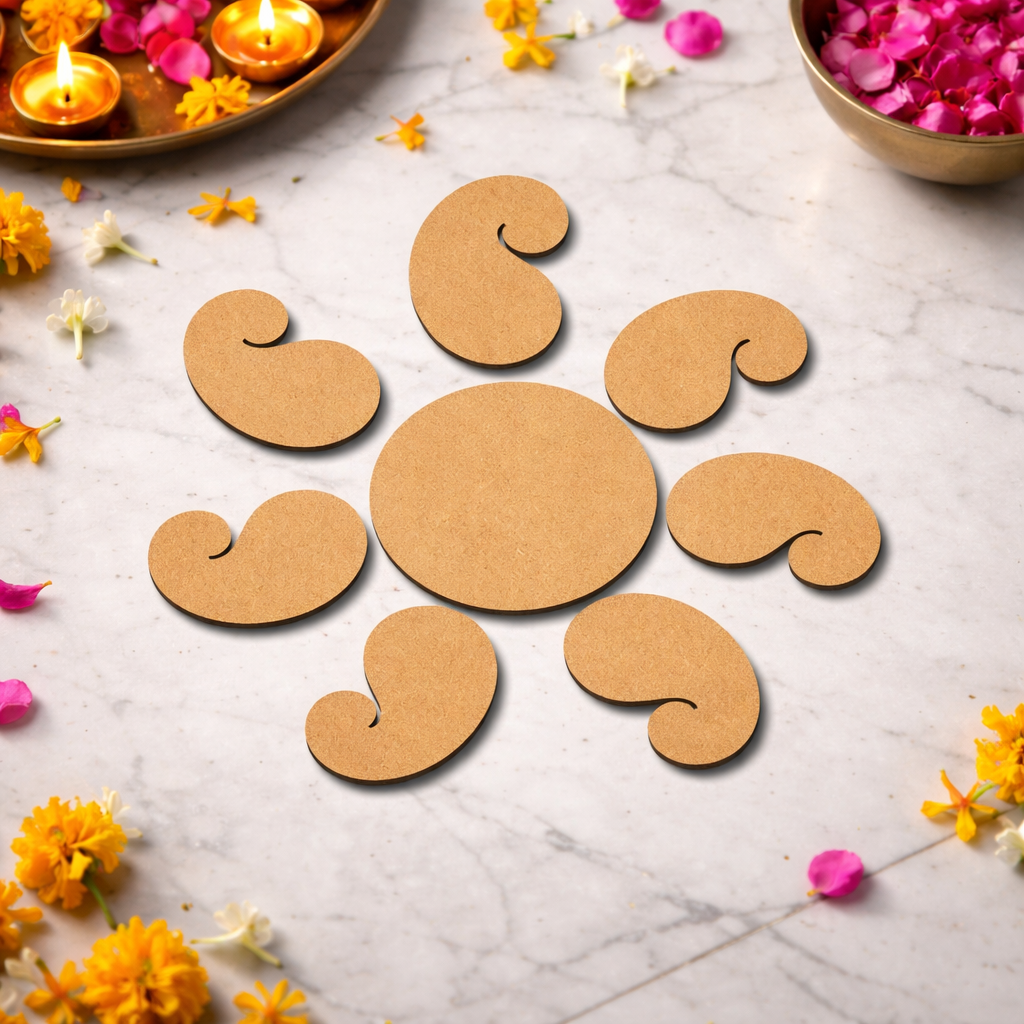 Unpainted MDF paisley rangoli cutout set with central round base and surrounding curved paisley shapes placed on marble floor