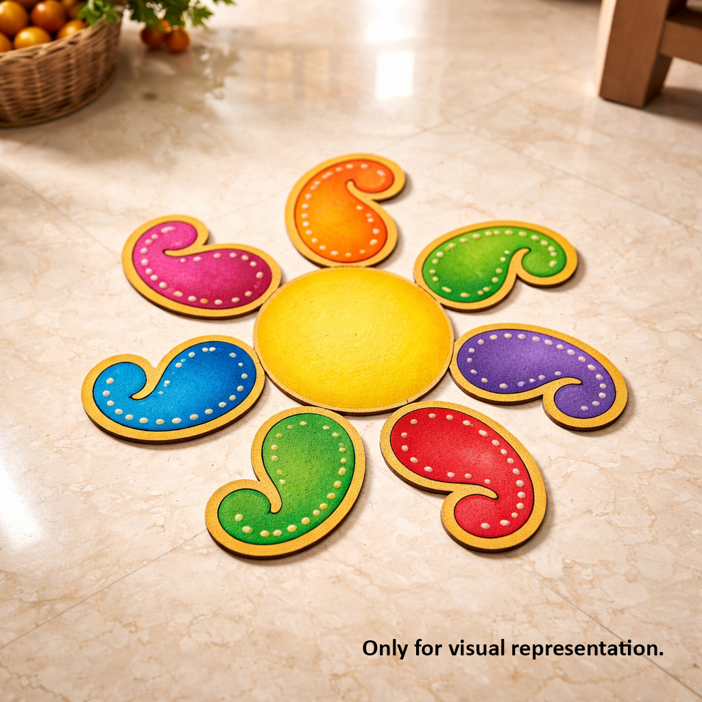 Painted MDF paisley rangoli cutout set with central round base and surrounding curved paisley shapes placed on marble floor