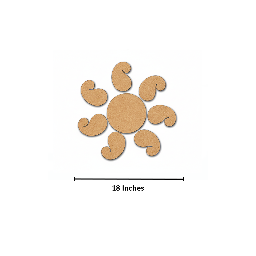 Unpainted MDF paisley rangoli cutout set with central round base and surrounding curved paisley shapes with size