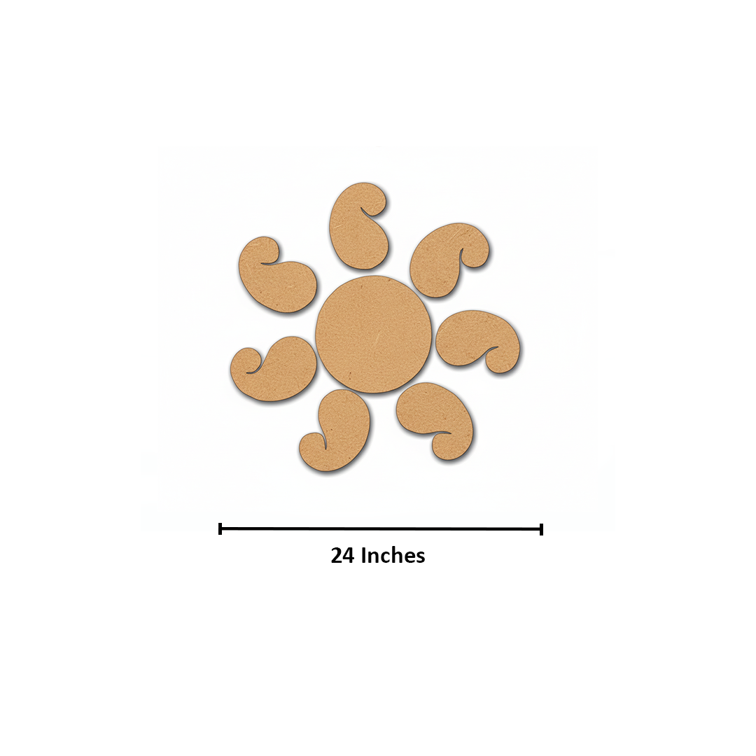Unpainted MDF paisley rangoli cutout set with central round base and surrounding curved paisley shapes with size