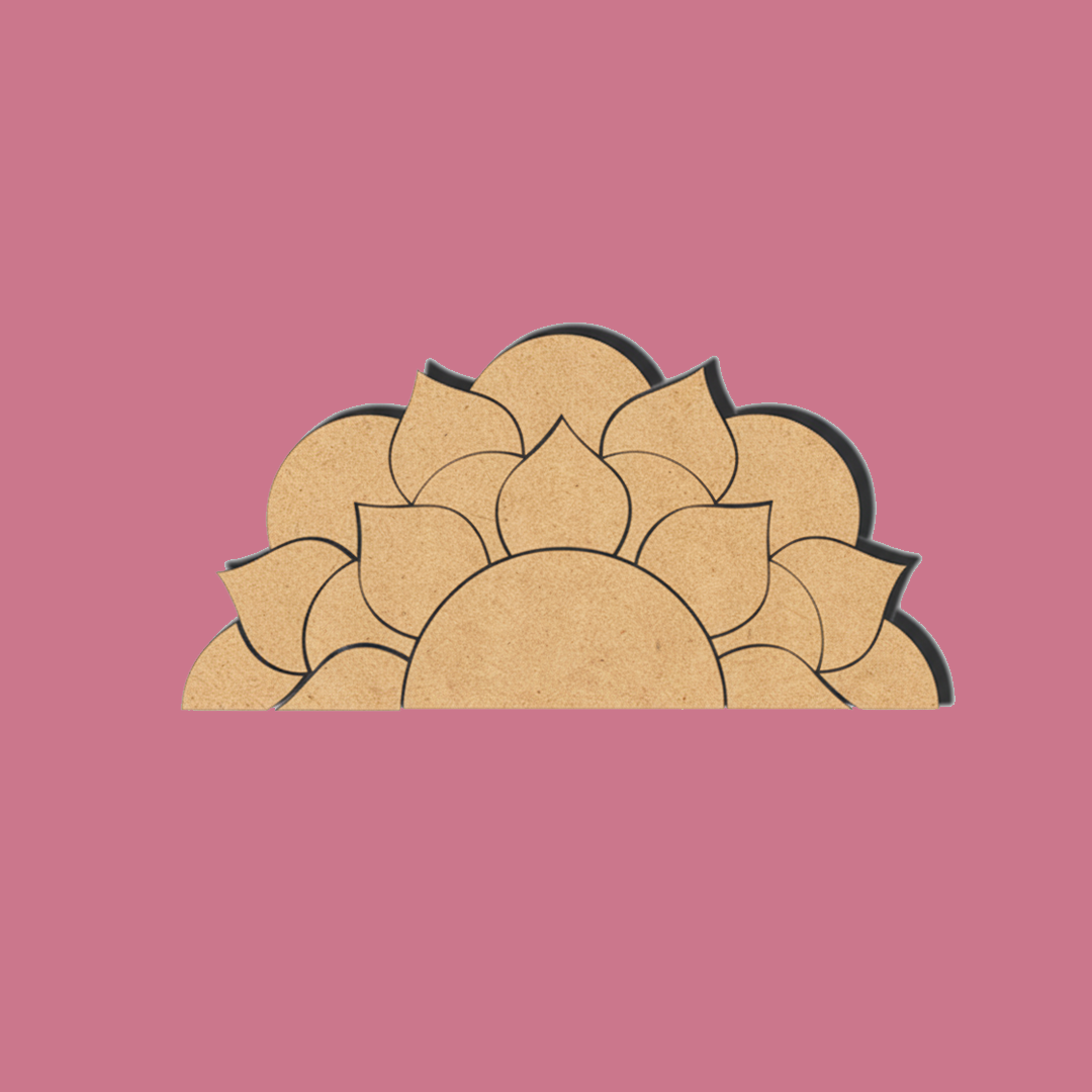 Unpainted MDF half mandala rangoli cutout base with layered lotus petal pattern with pink background
