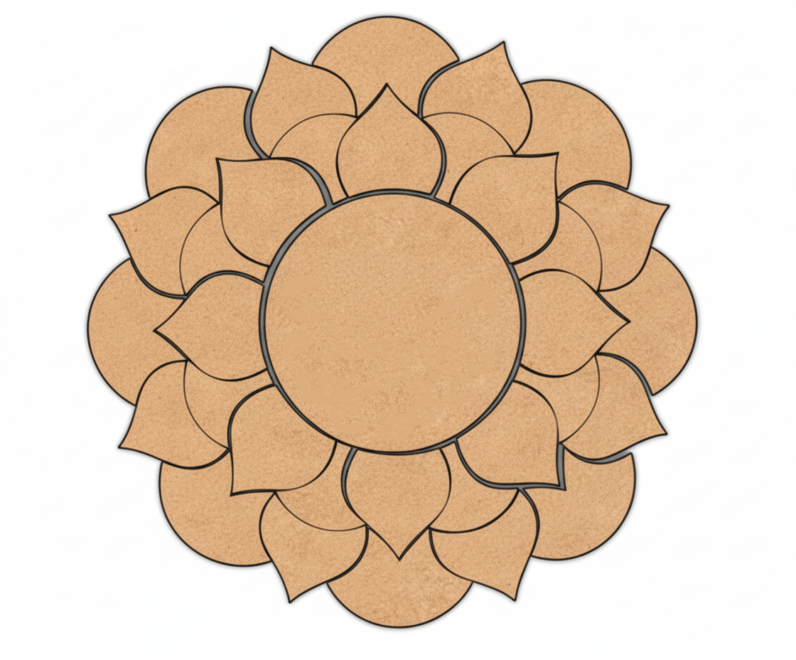 Unpainted MDF lotus mandala rangoli cutout base with layered petal design and central round circle