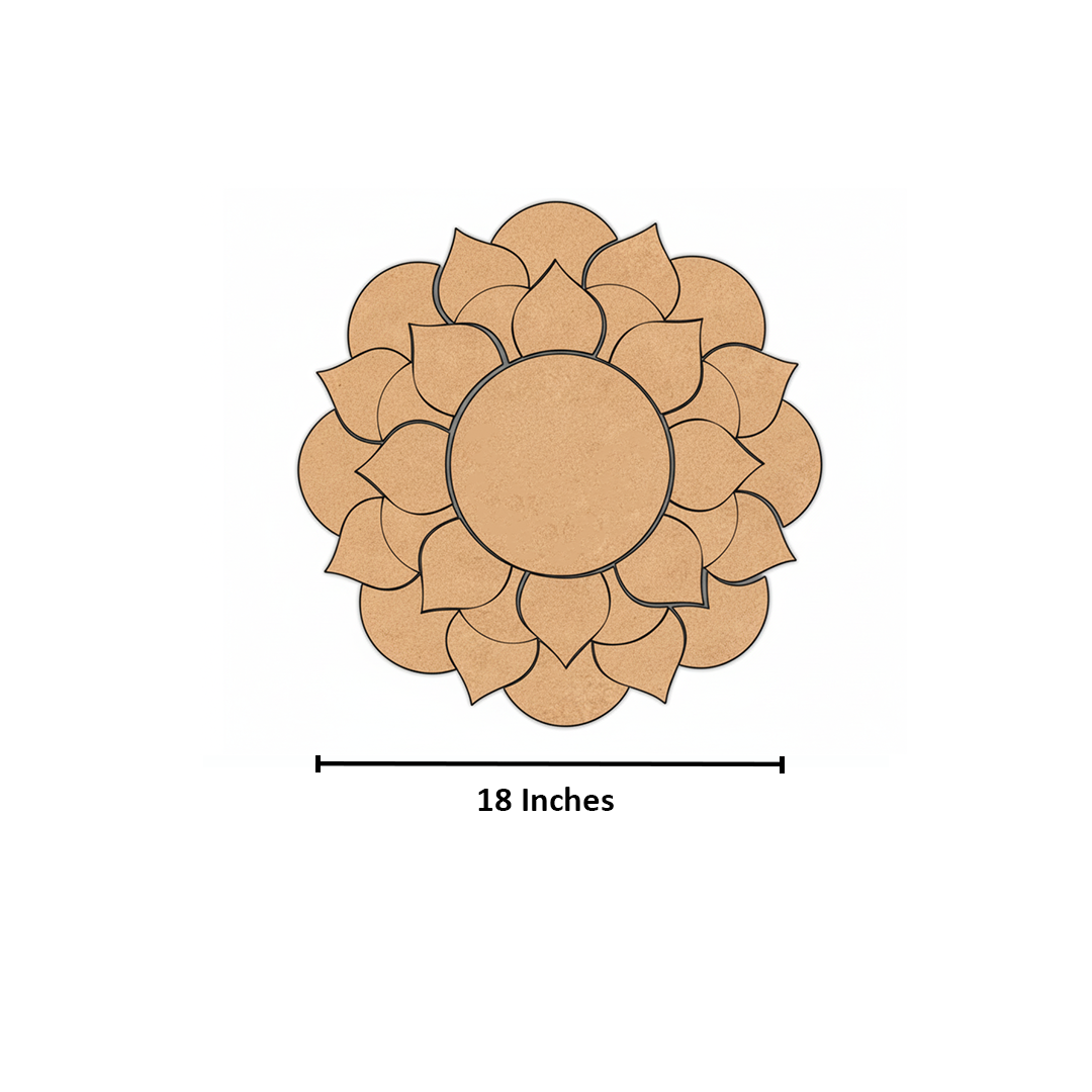 Unpainted MDF lotus mandala rangoli cutout base with layered petal design and central round circle with size